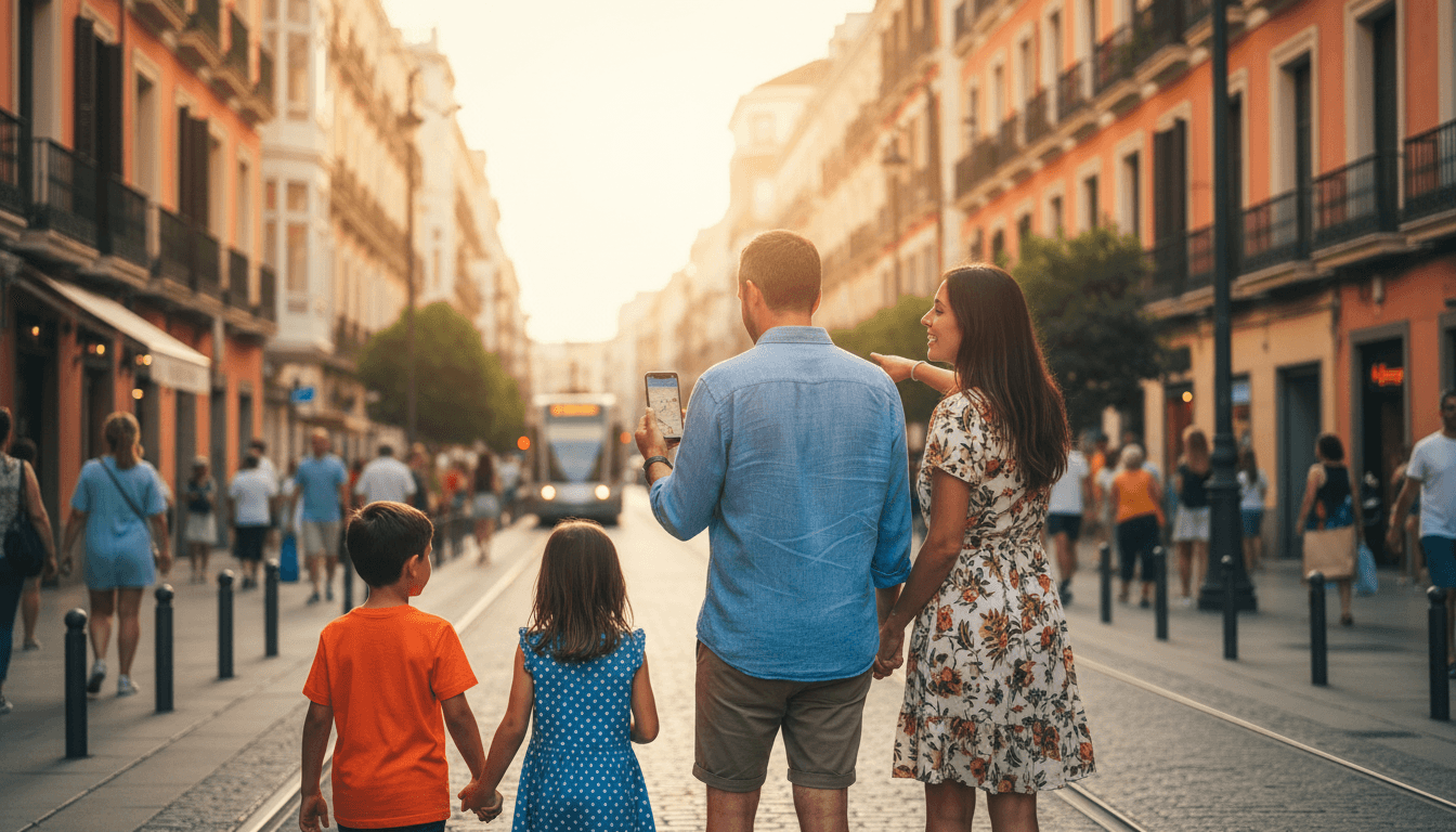 Familia con ciudadano español caminando por una calle de Madrid