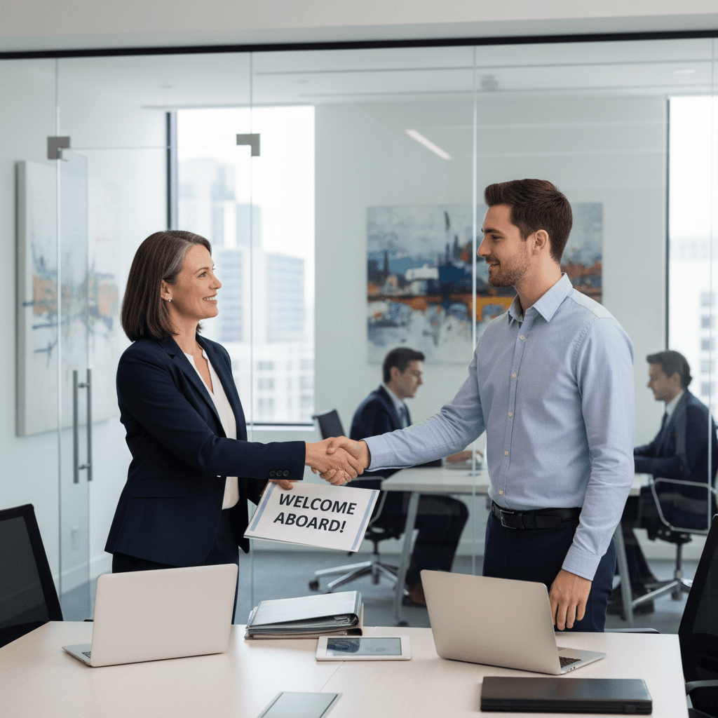 Responsable de recursos humanos dando la bienvenida a un nuevo empleado en la oficina