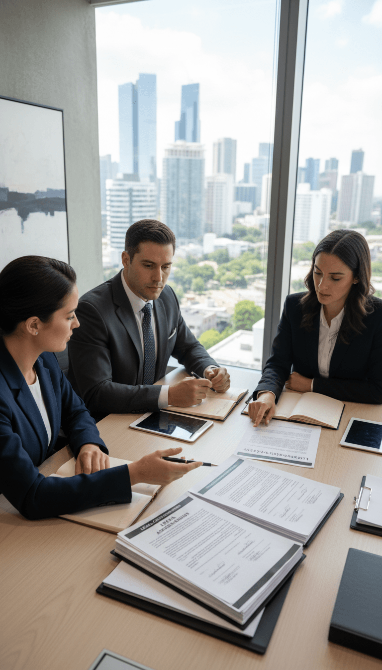 Reunión de consultoría legal en oficina moderna con documentación