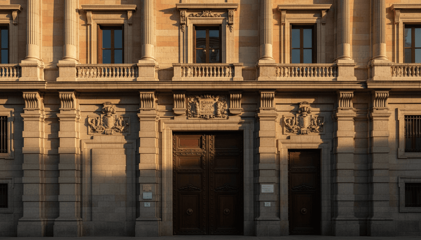Entrada oficial de edificio administrativo en Madrid con arquitectura española