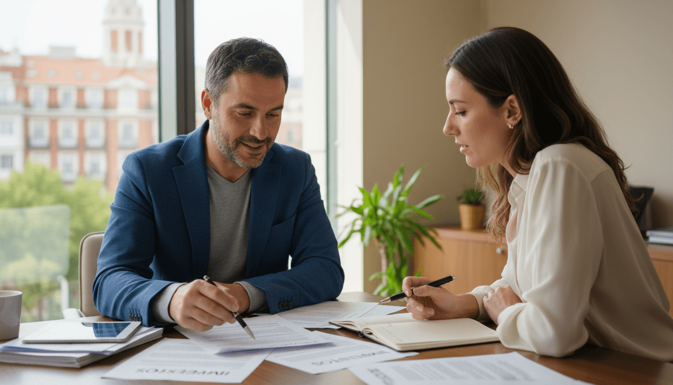 Hombre consultando sus dudas sobre la tarjeta de residencia con un gestor en una oficina de Madrid