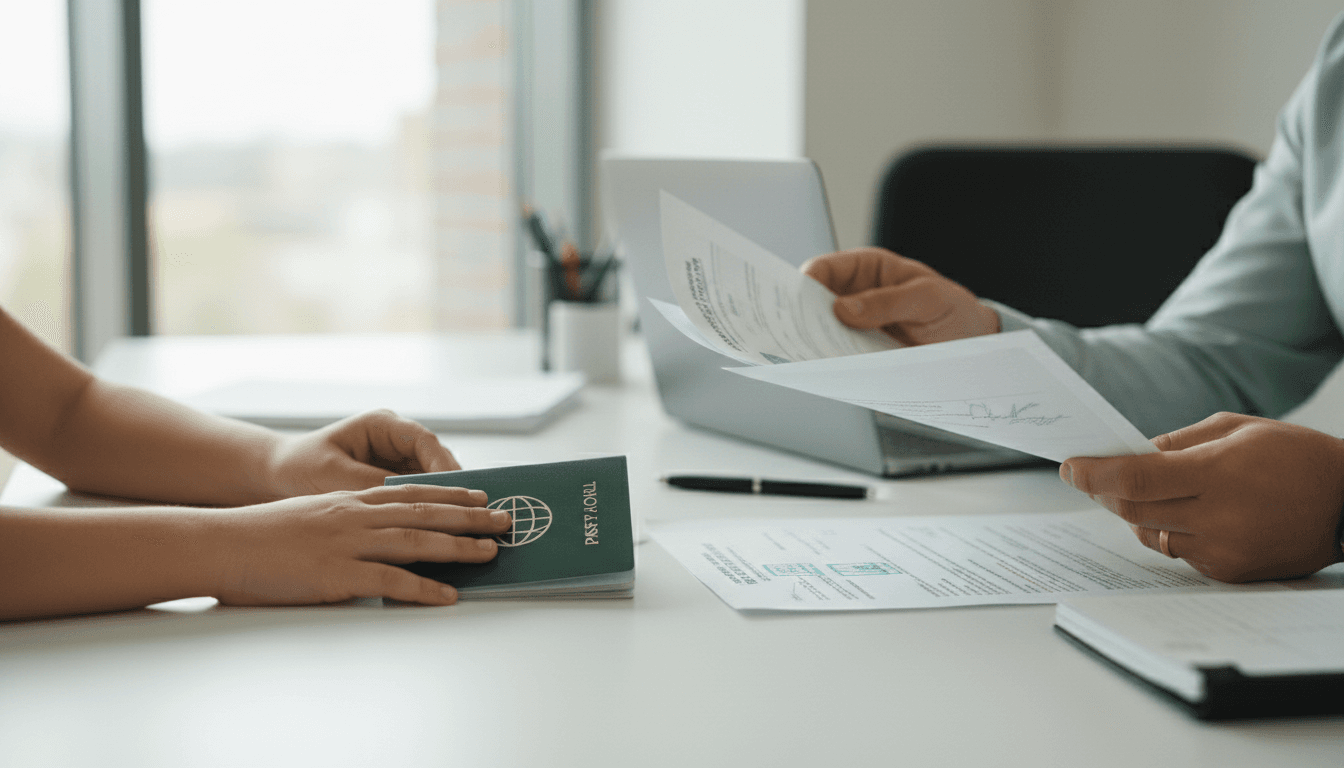 Manos de una familia sosteniendo pasaportes y documentos de residencia en una asesoría