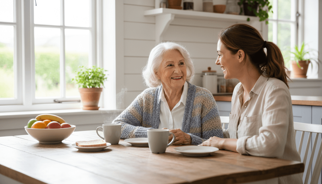 Mujer mayor sonriendo sentada en una cocina con un familiar adulto