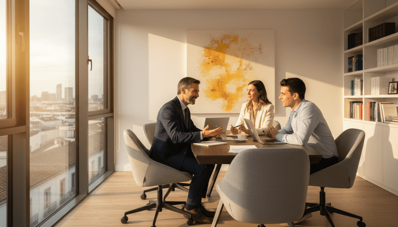 Reunión profesional entre gestor de extranjería y cliente en oficina moderna de Madrid