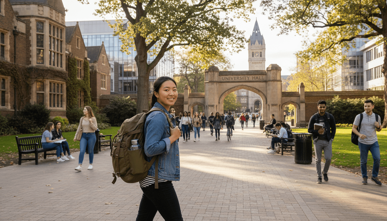 Estudiante internacional con mochila caminando por el campus universitario