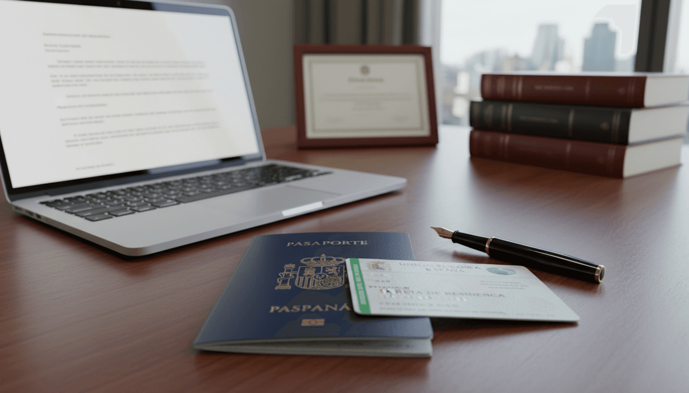 Pasaporte y permiso de residencia español sobre una mesa de oficina