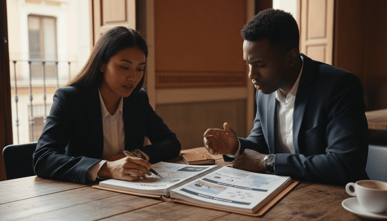 Cliente y asesor revisando documentación de arraigo para residencia