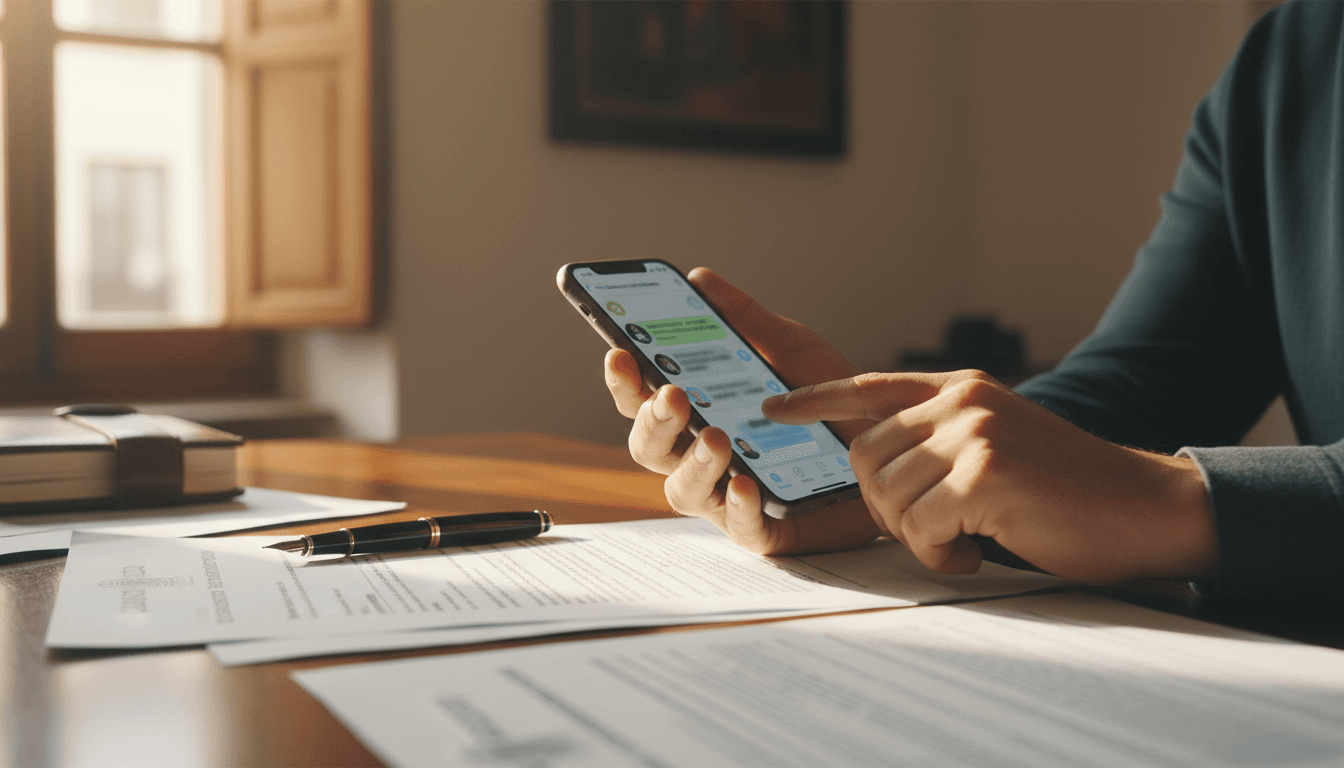 Manos sujetando un móvil con una conversación de WhatsApp sobre documentación de extranjería