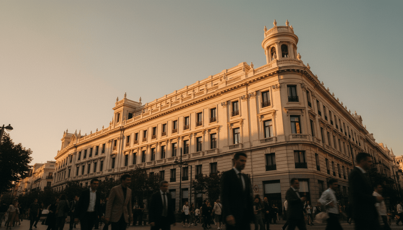 Fachada de edificio institucional en Madrid con luz dorada, representando profesionalismo y confianza en trámites de extranjería