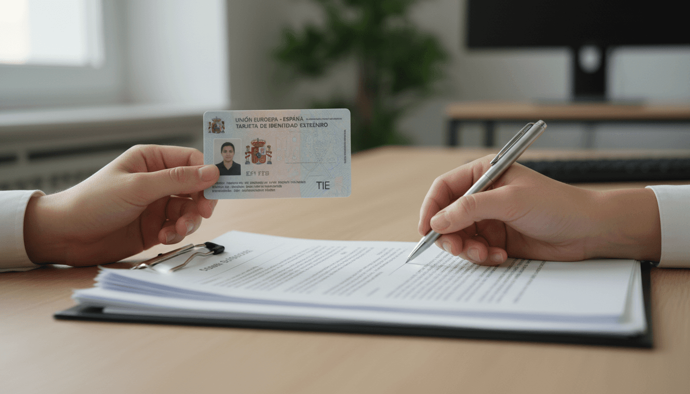 Manos sosteniendo una tarjeta de residencia española sobre documentación