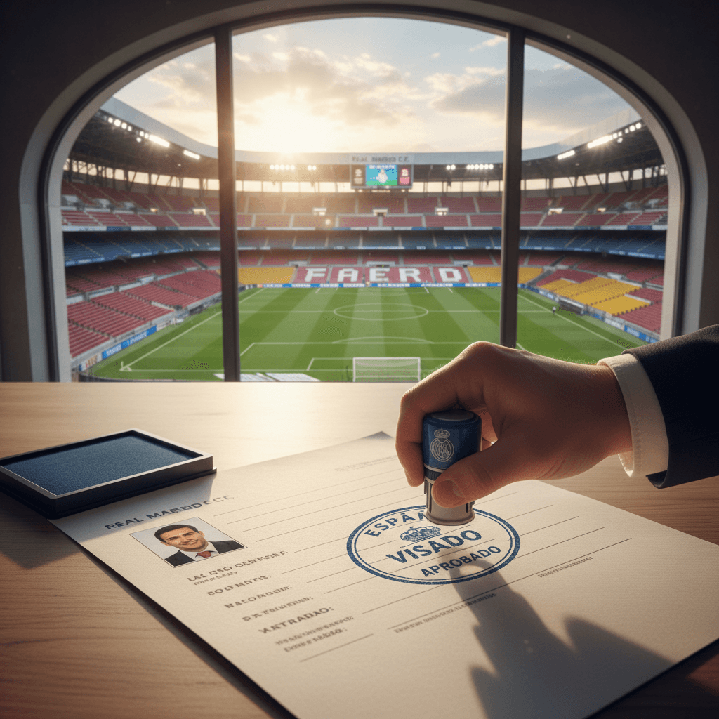 Sello de visado español con un estadio de fútbol al fondo