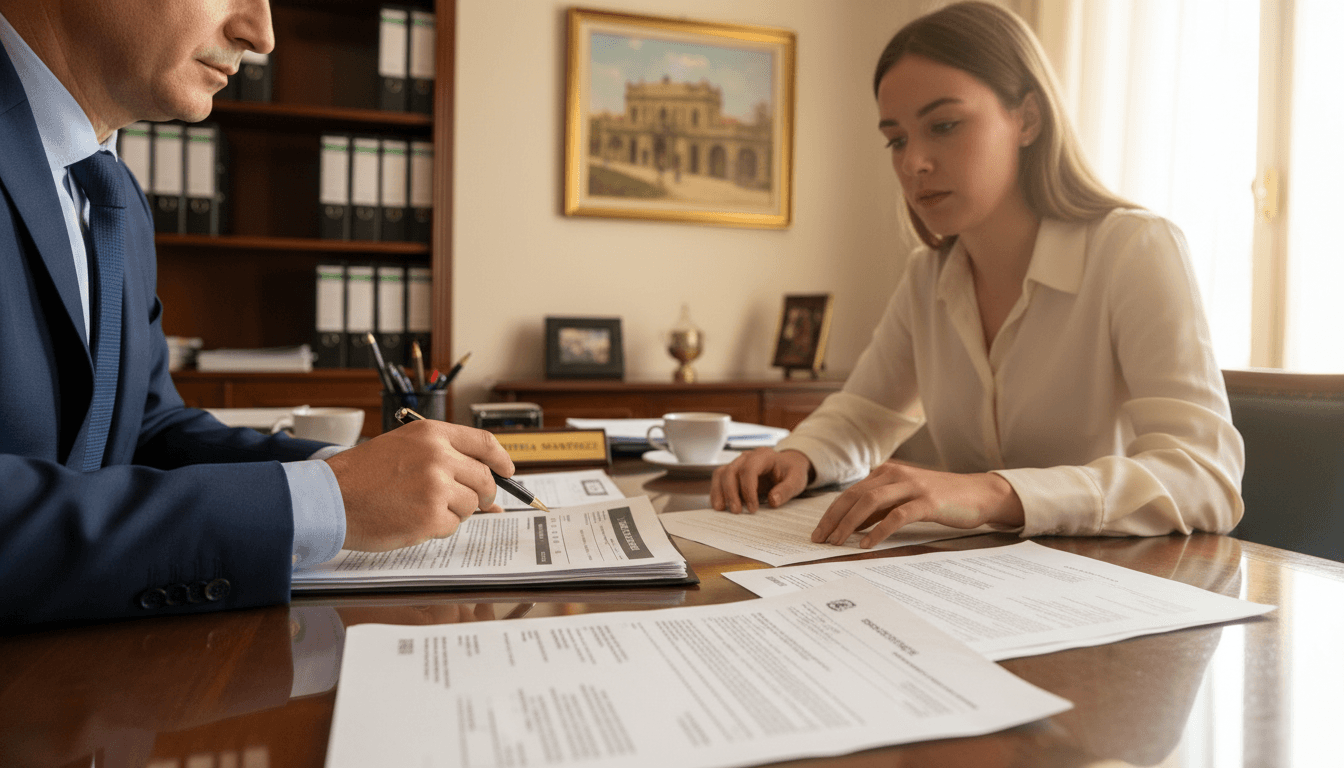 Gestor revisando documentos con un cliente en una oficina en Madrid