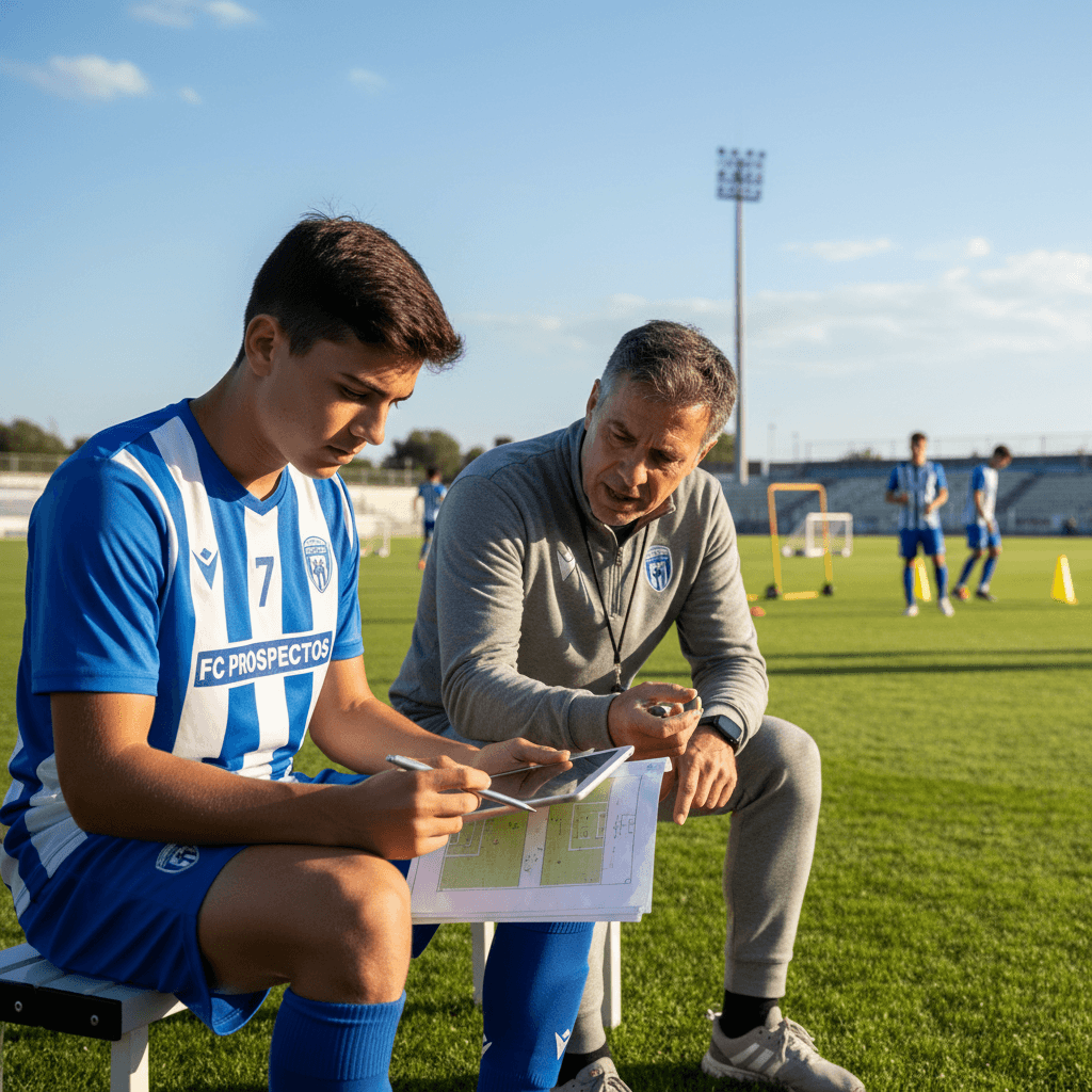 Jugador joven revisando documentos con su entrenador