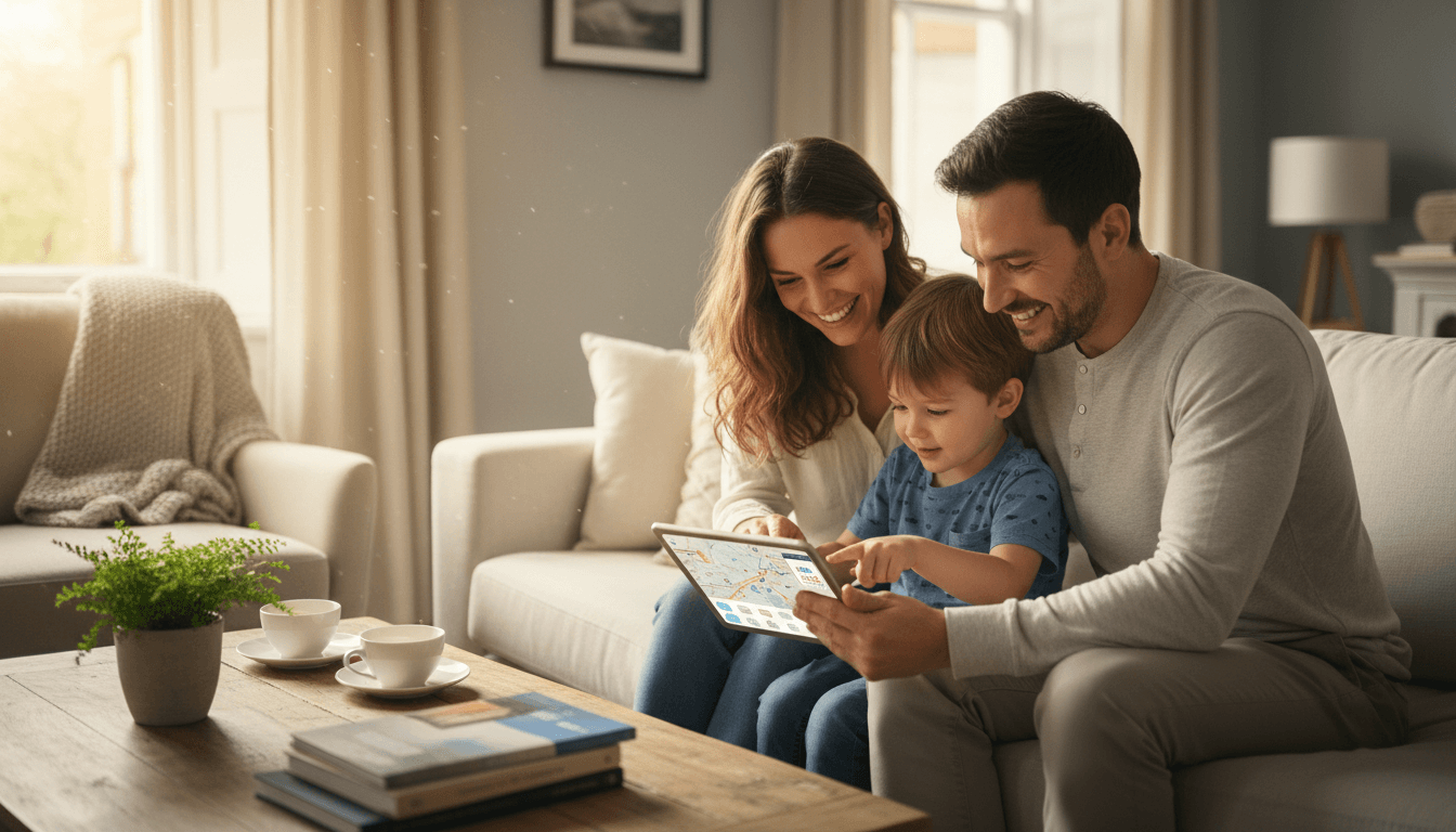 Familia mirando una tablet junta en un salón luminoso