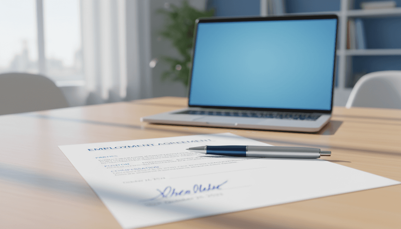 Persona firmando un contrato de trabajo en una oficina luminosa
