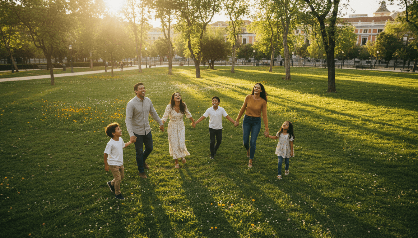 Familia multicultural riendo junta en un parque soleado