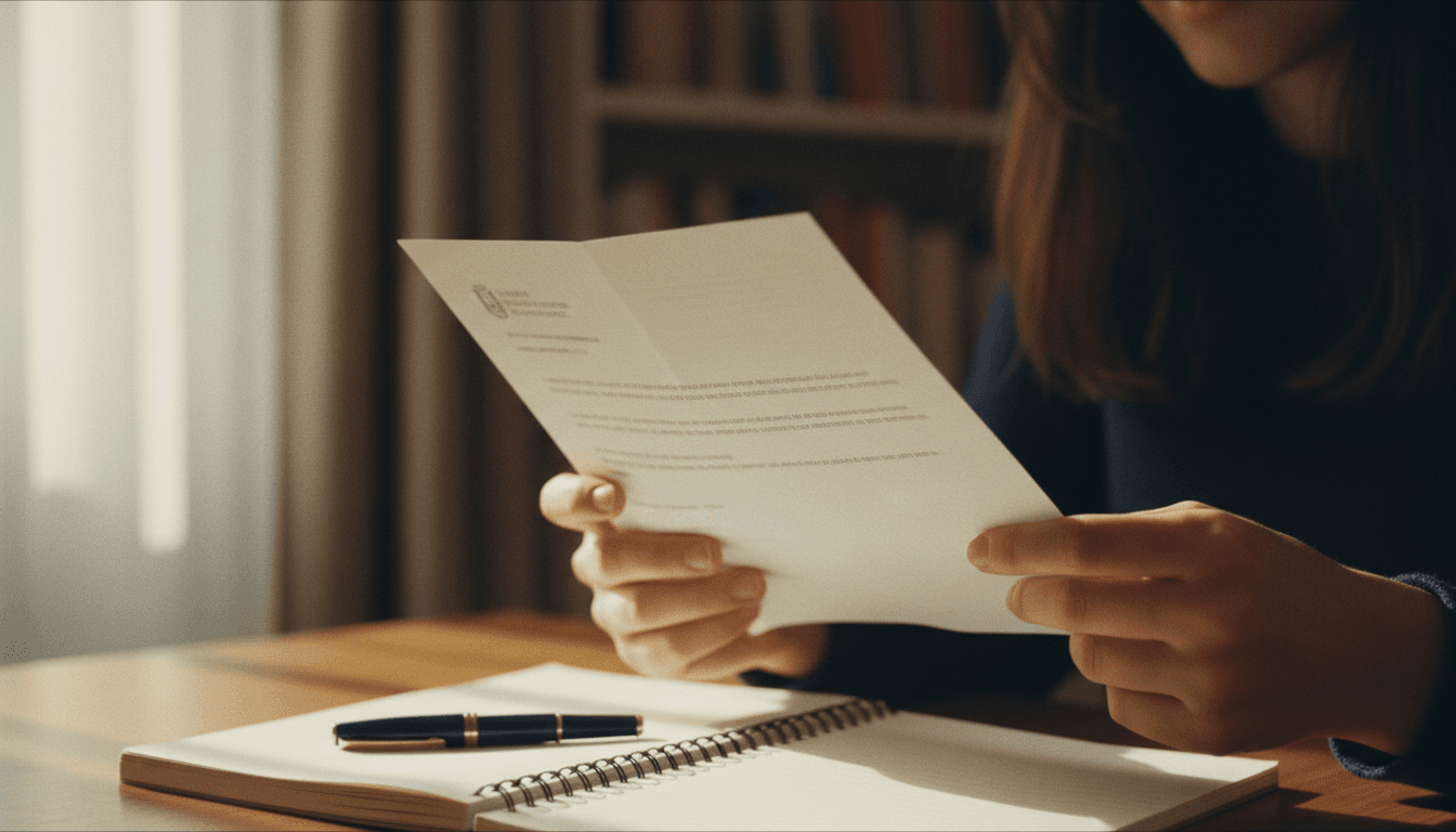 Estudiante internacional sosteniendo una carta de admisión universitaria en Madrid