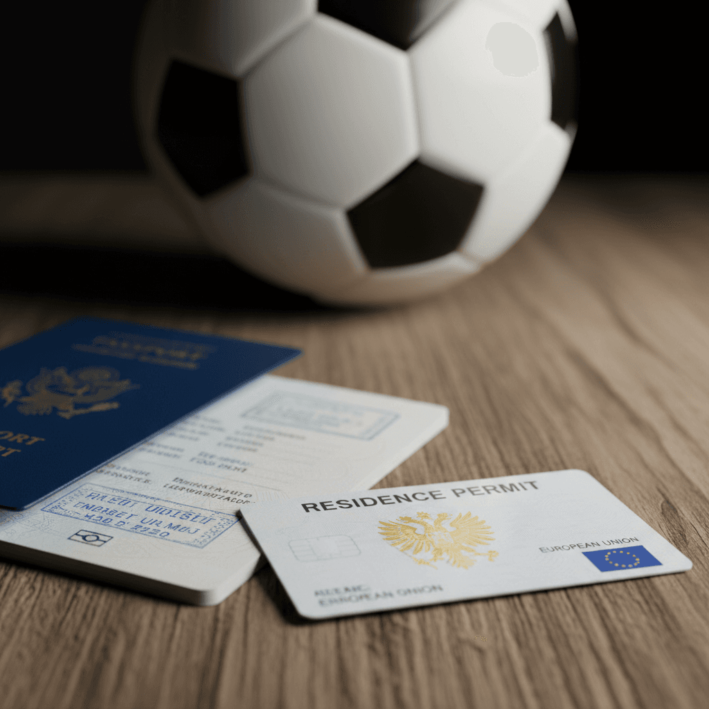 Pasaporte y tarjeta de residencia junto a un balón de fútbol