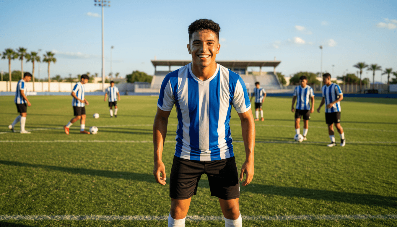 Joven futbolista sonriendo durante un entrenamiento en campo de césped