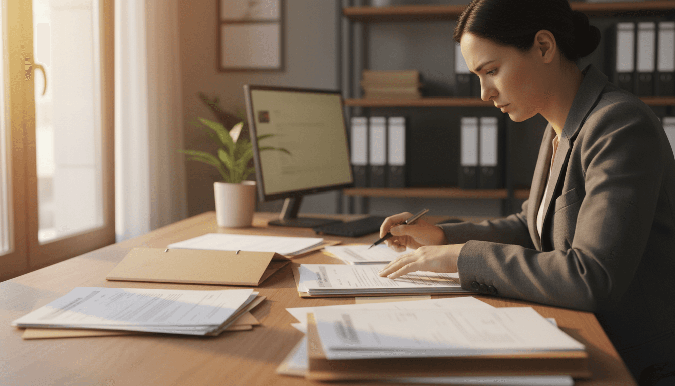 Asesor de extranjería revisando documentación de regularización en una oficina profesional en Madrid