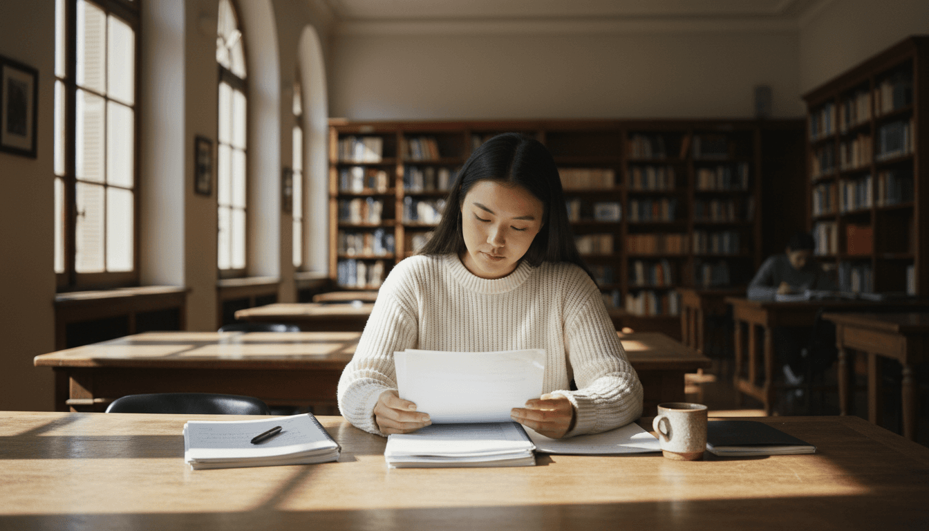 Estudiante internacional revisando documentos en una biblioteca universitaria