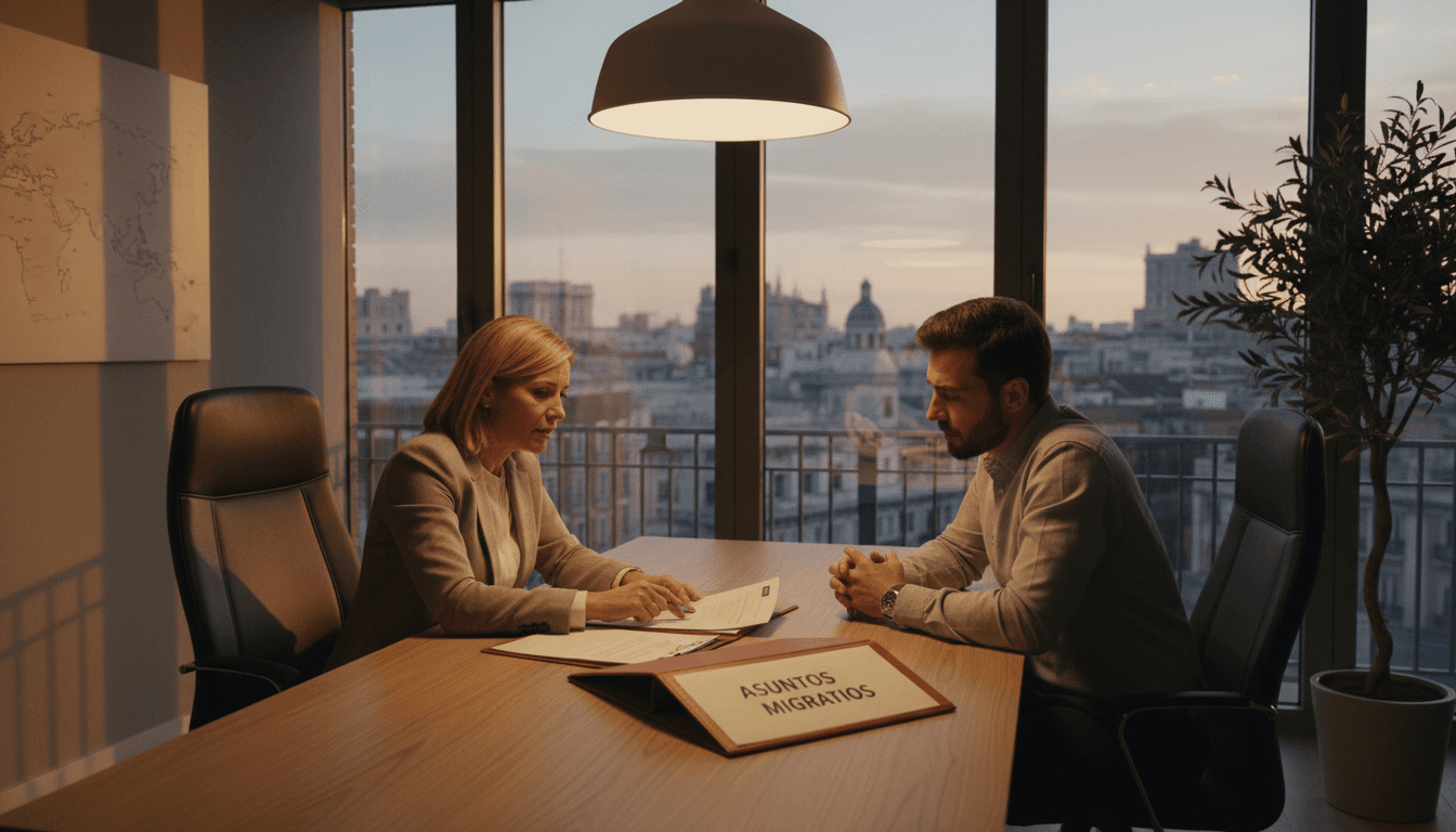 Gestor colegiado revisando documentación con cliente en Madrid