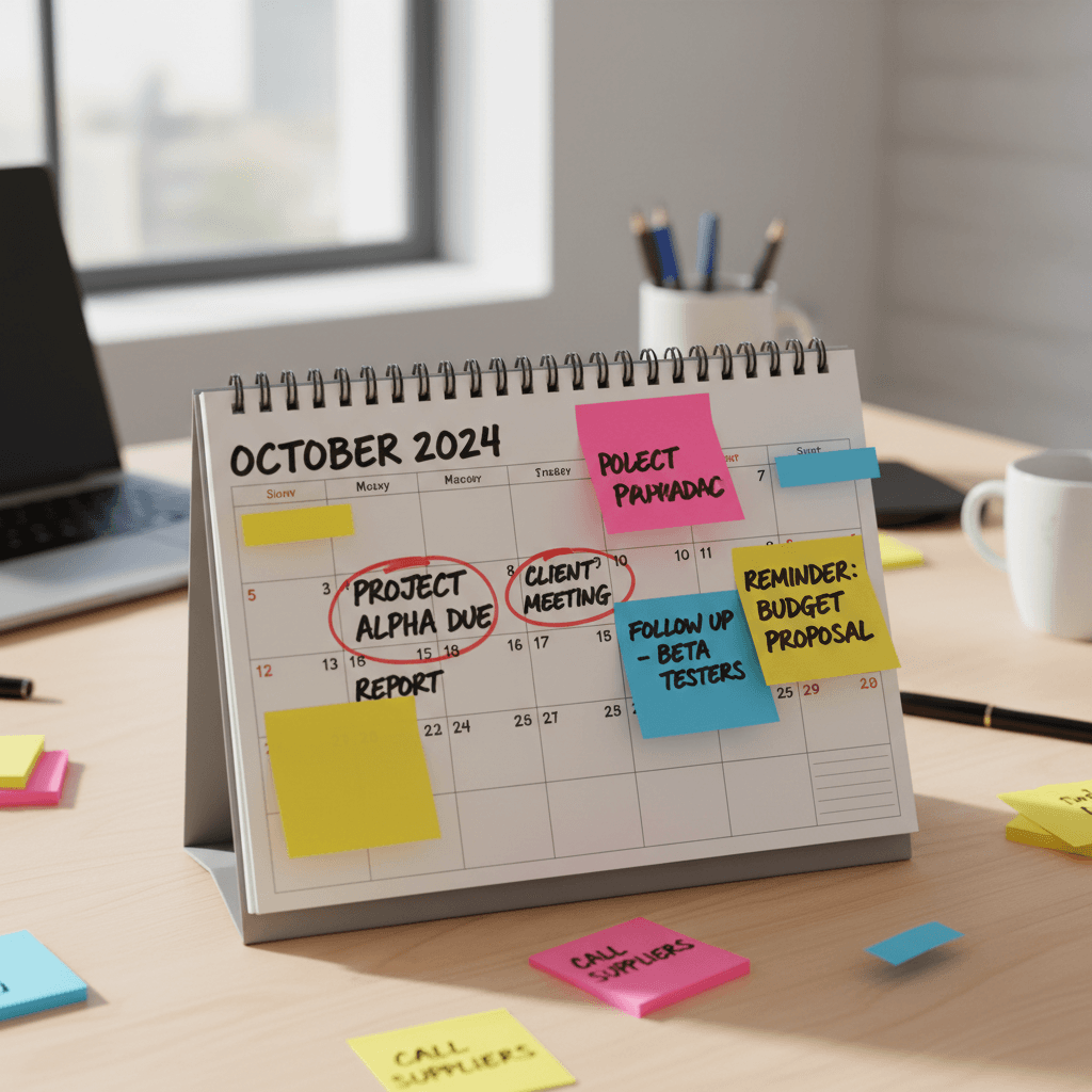 Calendario con plazos y notas adhesivas sobre una mesa de oficina